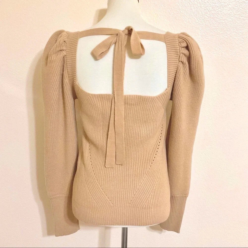 WAYF Leland Tie Back Puff Sleeve Sweater Camel M